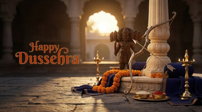 Happy Dussehra celebration with Ram bow and arrow idol garlands and offerings in ancient architecture setting.