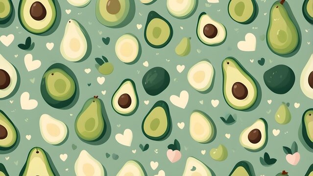 Seamless avocado pattern with hearts on a pastel green background. Healthy food illustration for wallpaper, textile, and fabric design.