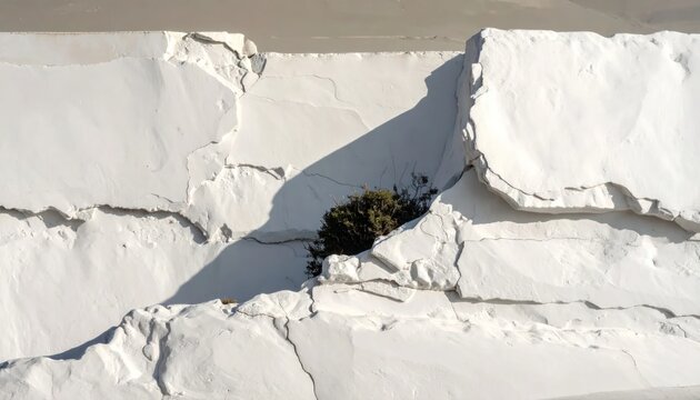 Green bush growing in cracked white travertine mineral terraces