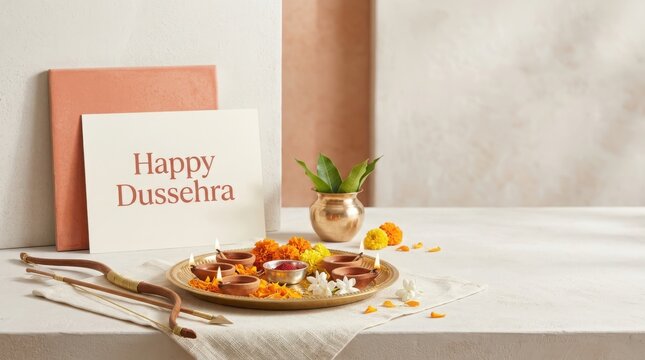 Happy Dussehra greeting card with diyas on a brass plate and marigold flowers arranged.