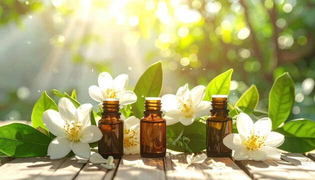 Essential oil bottles with white jasmine flowers in sunlight