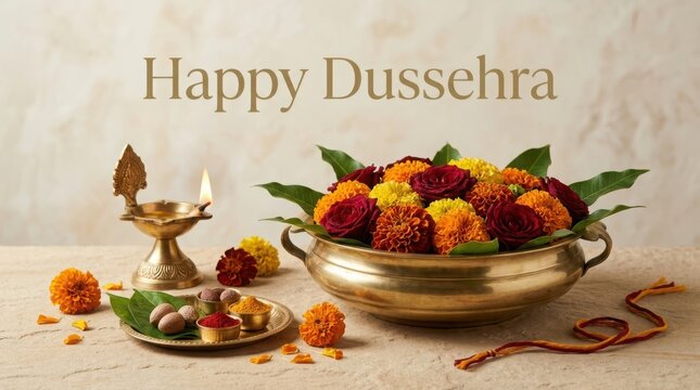 Happy Dussehra with a brass oil lamp, floral arrangement and offerings on a table.