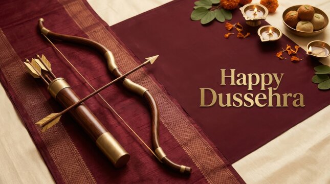Dussehra festival traditional bow and arrow with offerings and diyas for hindu celebration invitation.