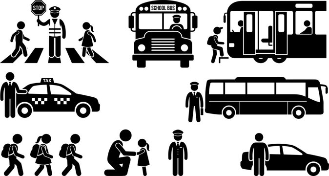Set of transportation and road safety icons featuring buses, taxis, and school children