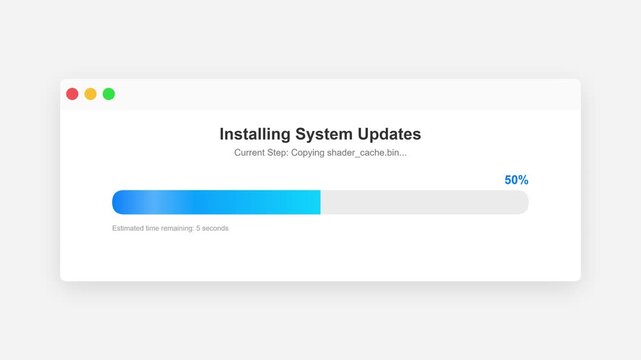 System update installation in progress, showing a loading bar and percentage completion, indicating software upgrade status on a computer screen