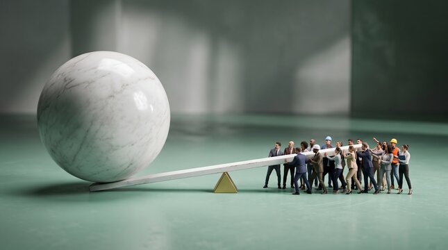 Miniature teamwork pushes heavy seesaw lever, United workers lift massive marble sphere, Strategy overcomes impossible giant stone weight, Group effort balances extreme scale contrast