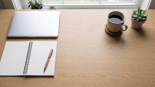 Minimalist workspace setup featuring productivity tools on wooden desk