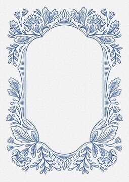 blue floral frame, ornate vintage border design, hand drawn leaf and flower line art, elegant arch blank space, decorative wedding invitation template, antique paper background texture