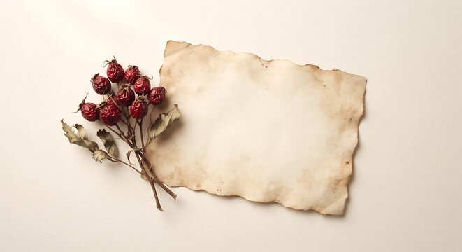 A vintage blank piece of parchment paper with a small bouquet of dried red rose buds