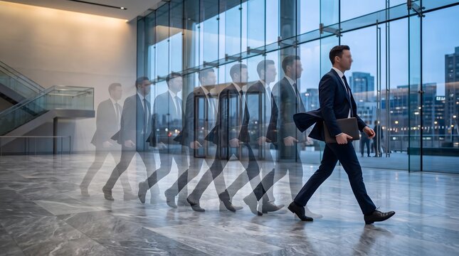 Business man walking modern glass lobby, Fast motion sequence shows career progression, Time lapse captures dynamic corporate movement, Busy professional carries briefcase forward