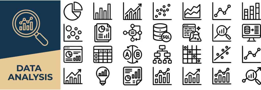 Data analysis and charts outline icon set. Featuring pie chart, bar graph, scatter plot, database, and dashboard symbols. Vector icons for statistical reports and business analytics.