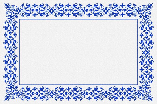 blue ornate frame, classic damask vintage border design, detailed scrollwork motif pattern, rectangular certificate invitation template, copy space center, watercolor paper textured background