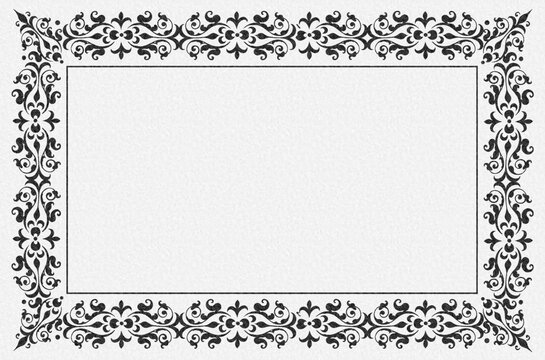 Black ornate frame, classic damask vintage border design, detailed scrollwork motif pattern, rectangular certificate invitation template, copy space center, watercolor paper textured background