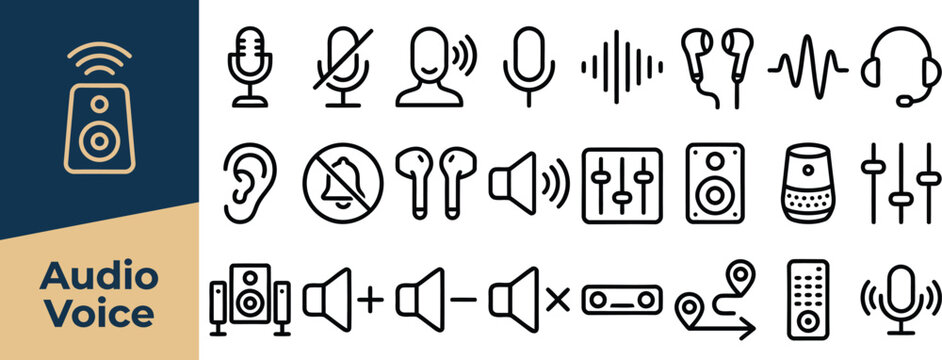 Audio and voice controls outline icon set. Featuring microphone, speaker, earbuds, sound wave, and volume slider symbols. Vector icons for sound settings and voice communication interfaces.