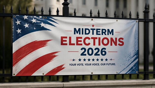 Midterm Elections 2026 banner with American flag design on a metal