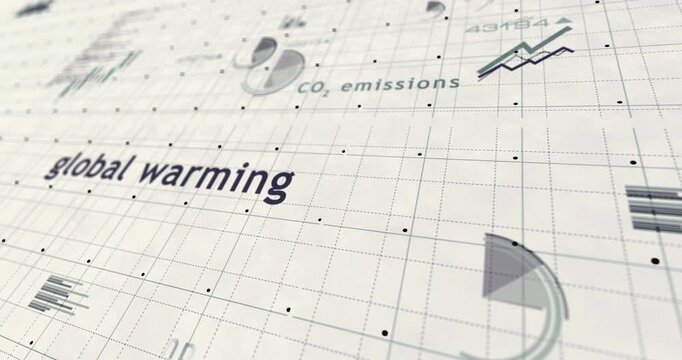 Data visualization graphic representing global warming and carbon emissions trends on a technical grid layout for environmental science reports
