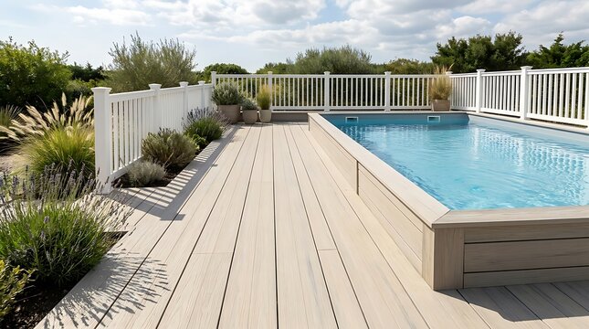 A serene backyard landscape featuring an above ground pool deck with elegant wood planks and white railing enclosures