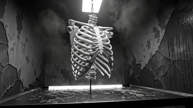 Spooky anatomical skeleton torso with light and fog in a dark and deteriorated environment