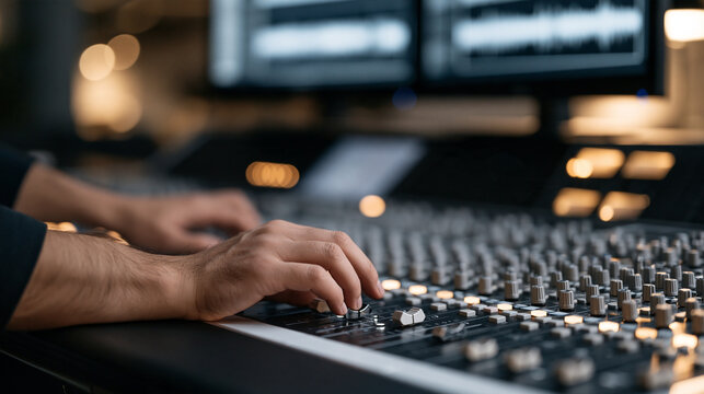 Close up of sound engineer hands riding faders on mixing console during voice-over dubbing session, waveforms visible on dual monitors above desk, ADR track layered against