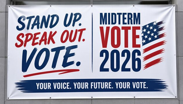 Midterm election banner with American flag graphic and voting message