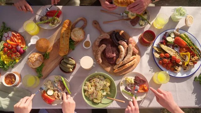 Friends eating grilled sausages and vegetables at an outdoor summer dinner
