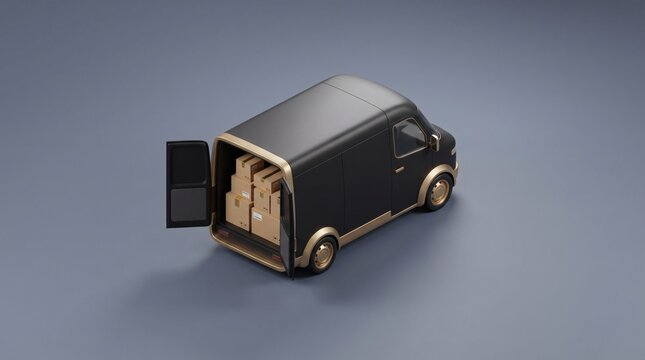 Modern black electric van loaded with parcels, ready for e-commerce delivery.