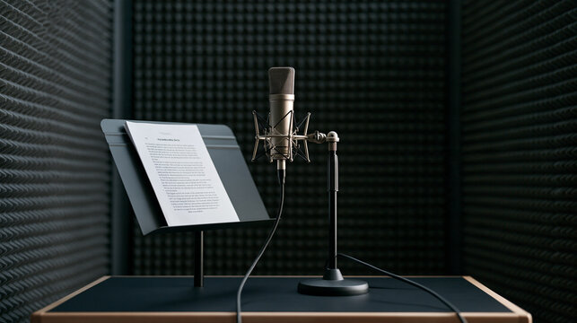 Sound isolation booth interior design detail showing acoustic foam geometry, music stand holding dubbing script, spider shock mount cradling microphone, no person present,
