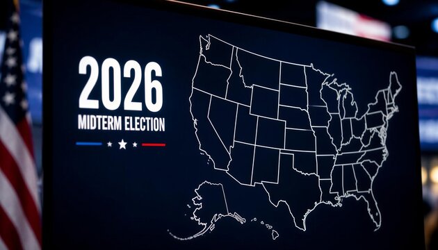 2026 Midterm Election digital display with a map of the United States
