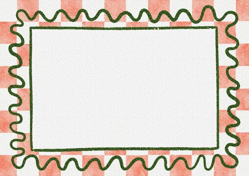 Red and white watercolor checkered pattern frame with wavy green border on paper textured background, rustic picnic table cloth border template with blank central copy space for text or image
