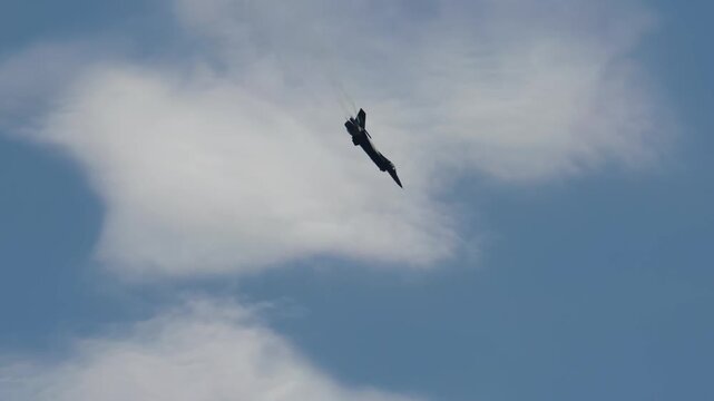 Military F16 fighter jet performing dangerous maneuver