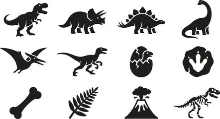 Set of dinosaur icons including various species, fossils, eggs, and prehistoric elements © Tammim