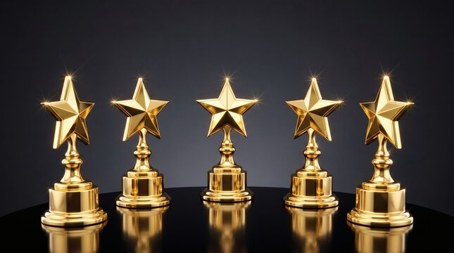 Gold star trophies lined up on a dark reflective surface, symbolizing success, achievement, and awards.