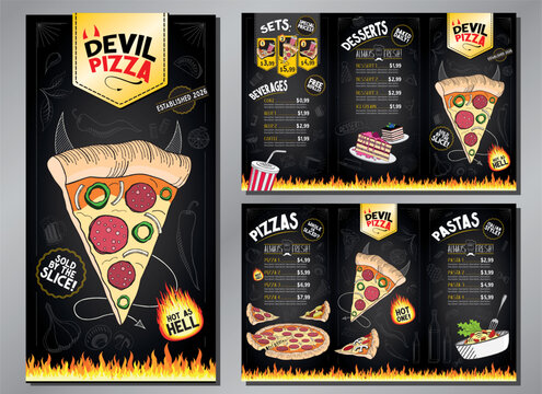 Classic Retro Spicy Devil Pizza Restaurant Menu Card Tri-fold Flyer Template - 17x11 in Ledger Tri-Fold - vector illustration