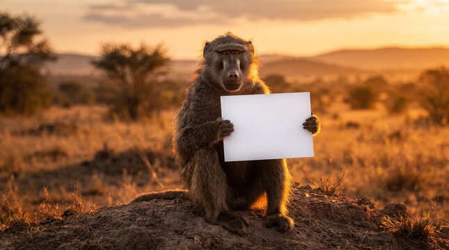 Baboon Presenting Blank White Board Outdoors