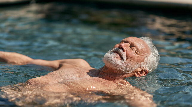 A retiree floating on his back in a calm indoor therapy pool with eyes open gazing at the skylit ceiling, aquatic healing, buoyancy as stress relief, senior hydrotherapy,