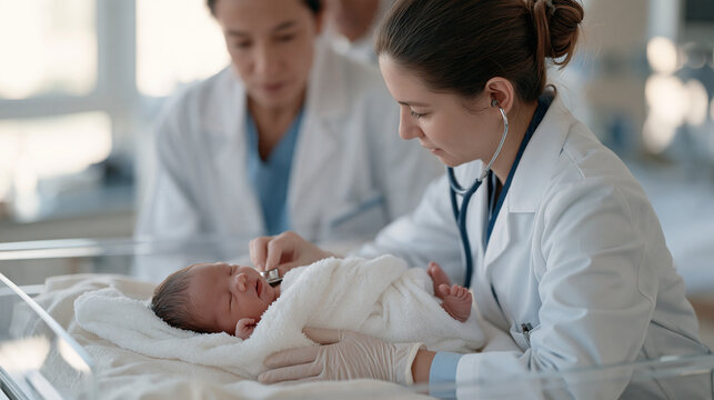 Neonatologist with stethoscope examining days old infant on warming table, gloved hands assessing tiny reflexes and heart rate, medical team consultation, pediatric hospital ward,