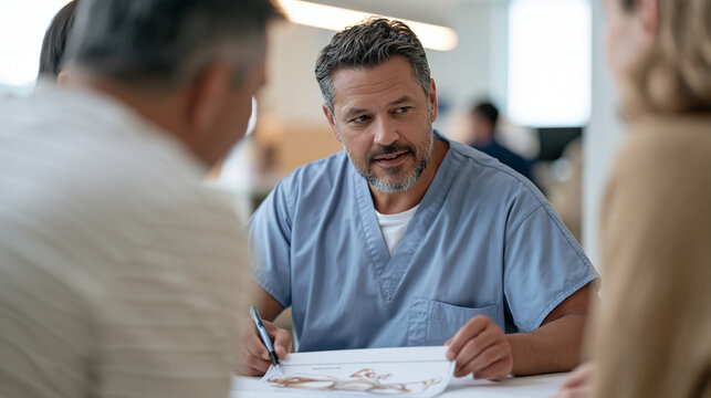 Neonatal surgeon in scrubs consulting with parents over illustrated diagram of infant anatomy outside operating room, pediatric surgical planning, congenital abnormality