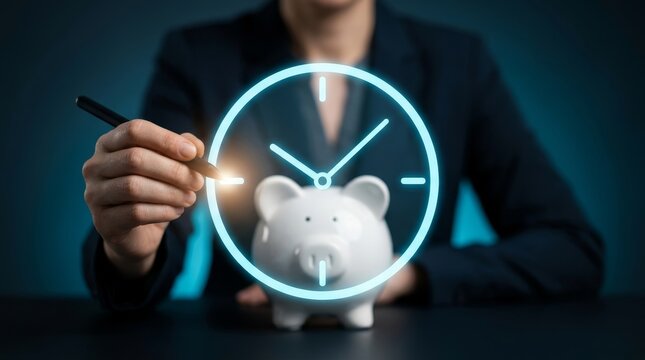 A smartly dressed person holds a glowing clock over a white piggy bank, symbolizing time value.