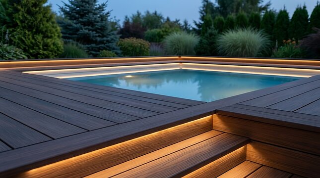 A beautifully illuminated modern above ground pool deck at twilight showcasing luxurious composite wood patio design