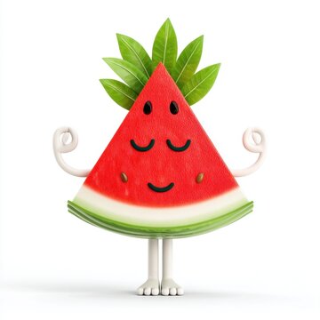 Smiling Cartoon Watermelon with Green Leaf Crown