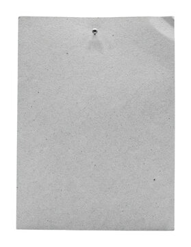 A single grey textured cardboard sheet secured by a silver pushpin is isolated on a transparent background for office stationery design