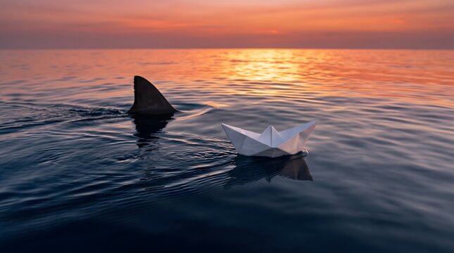 Shark fin approaches fragile paper boat, Danger threatens small business startup, Sunset sea hides predator threat, Competition creates risk during voyage