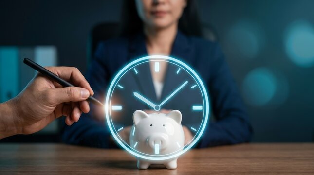 A hand drawing a glowing clock over a piggy bank with a businesswoman in focus.