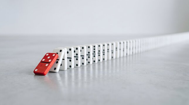 Red domino triggers falling chain reaction, Domino effect spreads systemic risk, Row of dominoes shows collapse, Cause creates financial crisis consequences