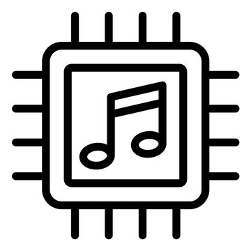 Artificial Intelligence Music Generation Microchip Icon, Minimalist Line Art Vector Illustrating Digital Audio Processing, Smart Sound Technology, Electronic Music Production, and AI Neural Network