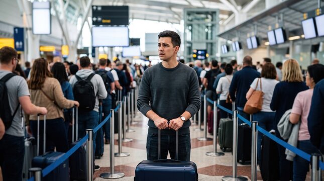 Anxious young man with a suitcase waiting in a long line at a crowded airport terminal