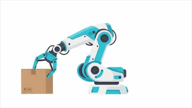 Industrial robotic arm moving cardboard boxes in automated warehouse logistics.