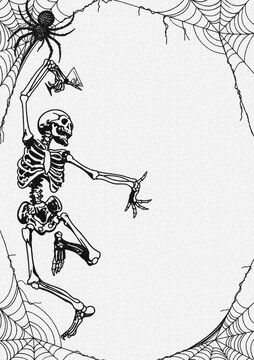 Dancing skeleton with martini glass and spider painted on paper texture background, spooky cobweb frame border layout, black and white vintage halloween illustration with central copy space banner