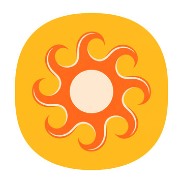 Stylized graphic sun symbol with swirling flamelike rays in warm yellow and orange colors transparent background
