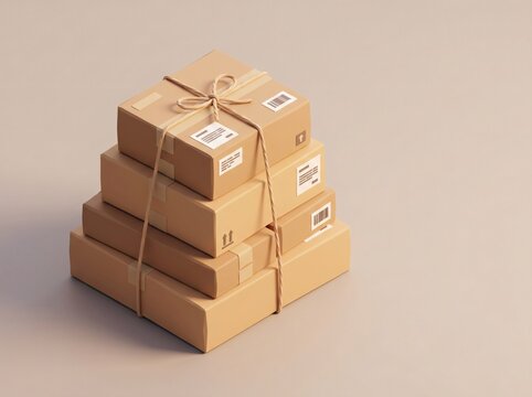 Stack of cardboard delivery boxes tied with twine, ready for shipping and e-commerce.